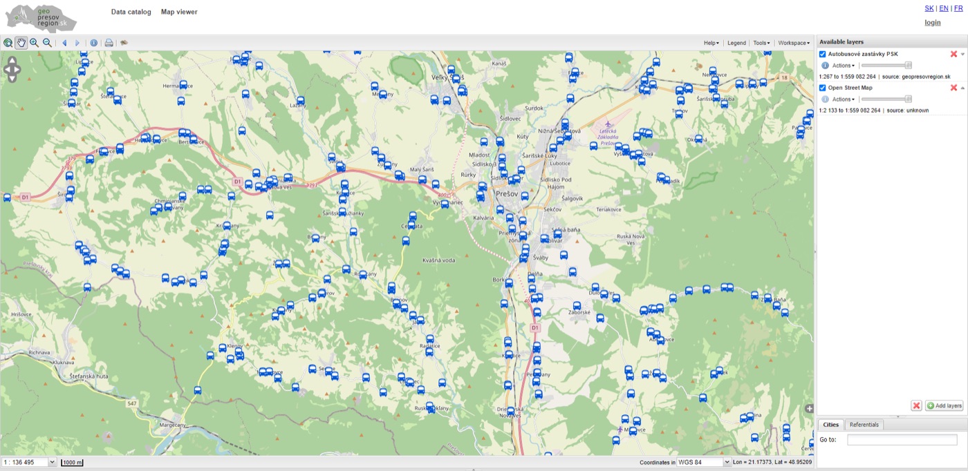 Autobusové zastávky PSK — live view in geopresovregion.sk geoportal